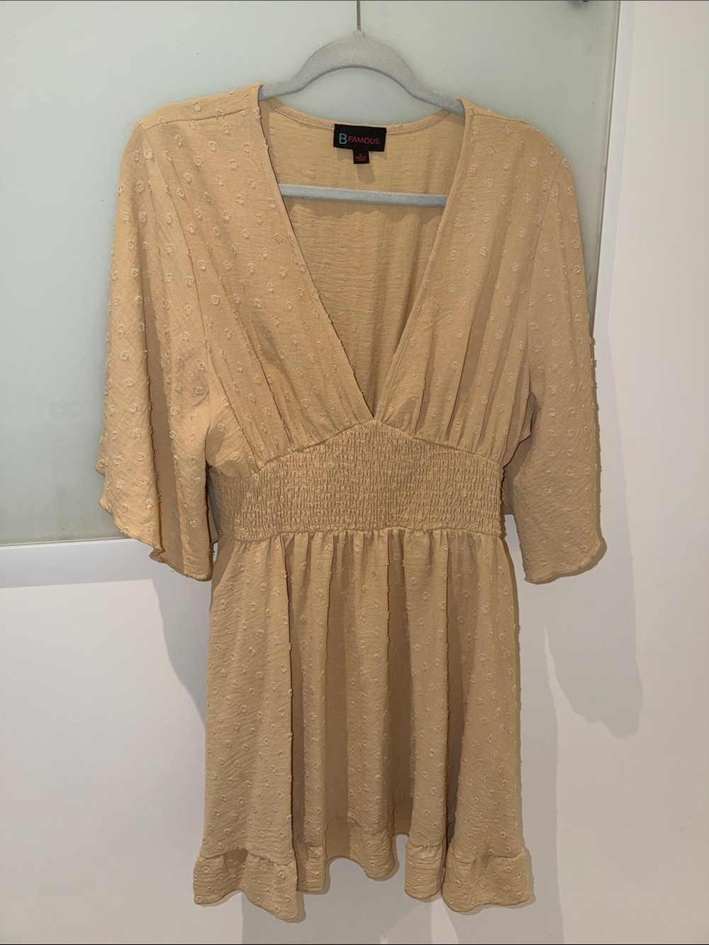 B.FAMOUS Cream Textured V-Neck Smocked Waist Dress